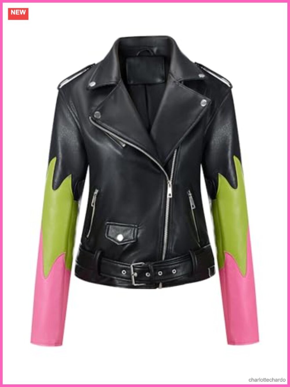 Faux Leather Moto Zip Up Jacket Cropped Belted Color-Block